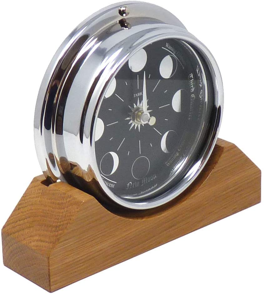 Tabic Prestige Chrome Moon Phase Clock on a Solid English Oak Mantel/Display Mount - Image 4