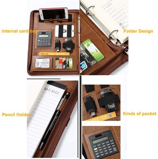 A4 Zipper Leather New Version Conference Folder Business Document Bag Portfolio with Ring Binder，A4 Writing Pad ，Card Holders，Calculator and Notebook Business Document File Folder - Image 4