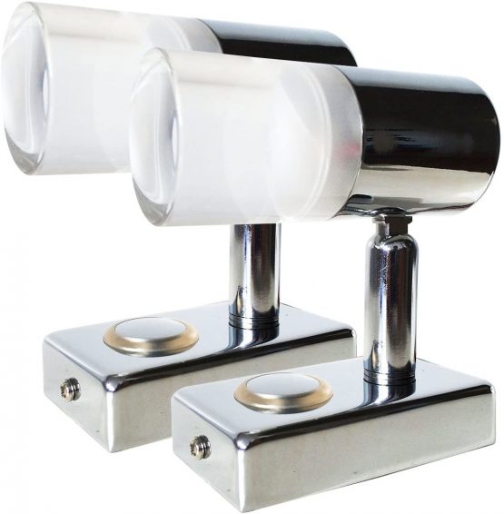 lighteu, 2x 12V 3W A2 Ceiling/Wall Spotlight, Chrome Finish, Reading Light turn and swivel with Touch Switch Dimmable warm White/Blue light for Yacht, Caravan, RV