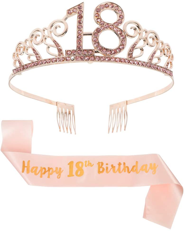 You&Lemon Rose Gold Happy 18th Birthday Sash and 18 Birthday Tiara Rhinestone Crown Headband for 18 Birthday Gift Party Accessories 18th Birthday Decoration Girls Women