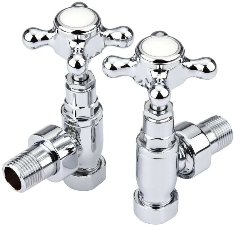 Milano Chrome Angled Heated Towel Rail Radiator Valves Crosshead Handles, Traditional - Style A