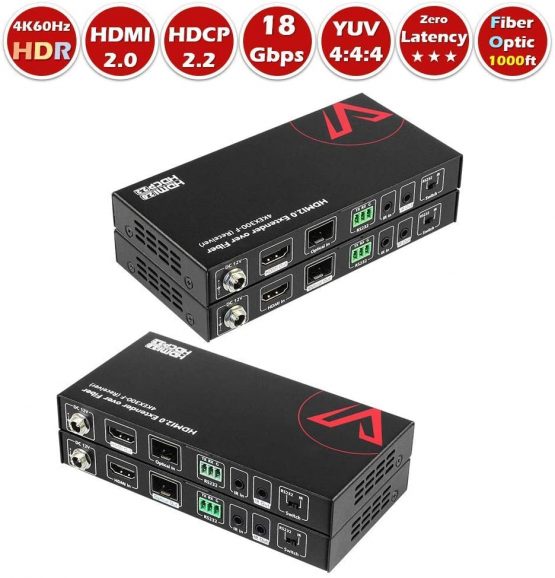 AV Access Professional UHD 4K@60Hz Fiber HDMI 2.0 Extender up to 984ft/300M, 4Kx2K@60/30Hz 1080P@60Hz HDR10 and 3D over OM3 Multi-Mode Optical, 18Gbps, HDCP 2.2, DIP Switch for 2 Way IR/RS 232