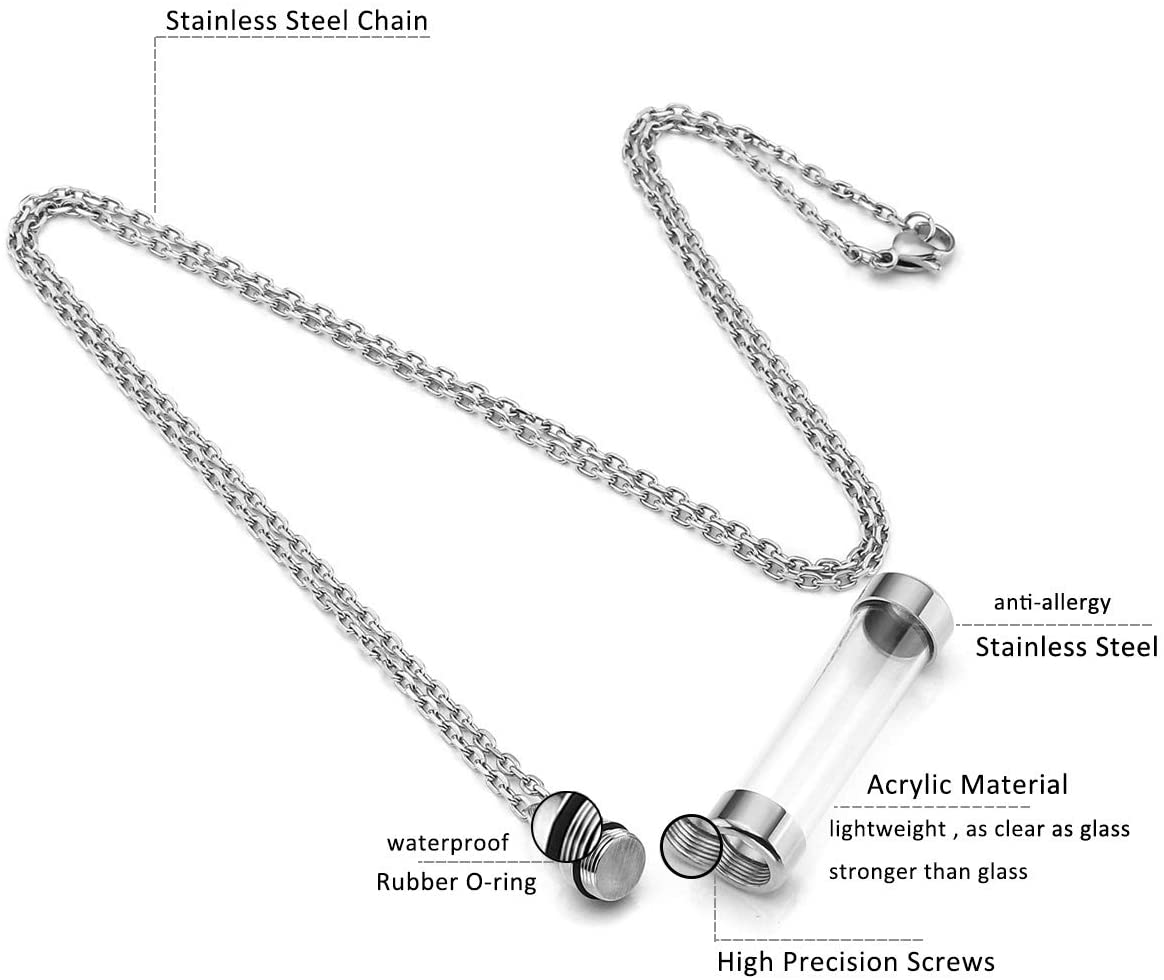 Jovivi Silver Cremation Jewellery for Ashes Keepsake Necklace Memorial Stainless Steel Acrylic Cylinder Urn Pendant Necklace for Women Men - Image 2