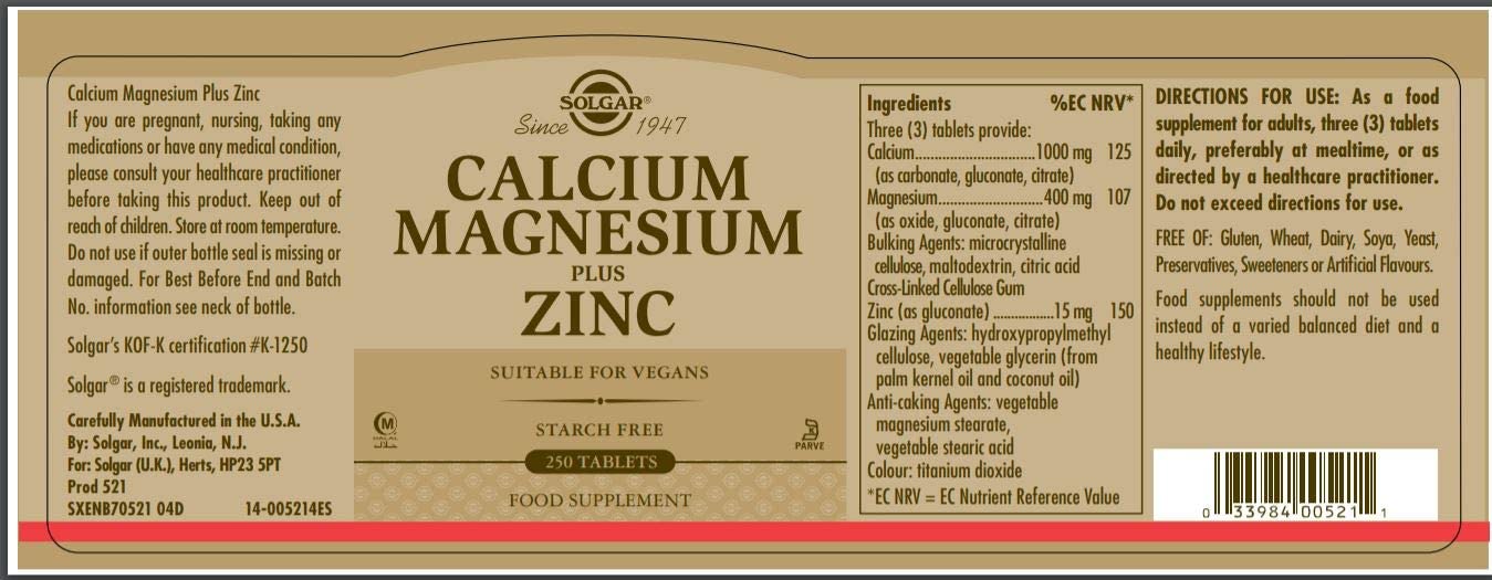Solgar Calcium Magnesium Plus Zinc Tablets - Pack Of 250 - Healthy Bones, Teeth & Muscles - Supports Health Of Nervous System - Vegan - Image 2