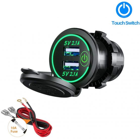 Thlevel Dual USB Charger Socket, Dual 5V/4.2A USB Car Charger Power Outlet with switch for 12V/24V Car, Boats and Marine, Motorcycle, Truck, SUV, UTV (1x USB Socket Green)