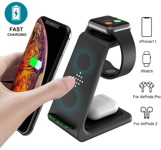 GEEKERA Wireless Charger, 3 in 1 Wireless Charging Stand Dock for iPhone 13/13 Pro Max/12/12 Pro Max/11/11 Pro Max/XS Max/XR/X/8 Plus/AirPods Pro/3/2/Apple Watch 7/6/5/4/3/2/SE, Temperature Control