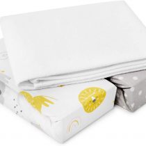 FlyIdeas Next to Me Crib Fitted Sheets 3 Pcs Set 83x50cm | 2 Fitted Sheets & 1 Waterproof Mattress Protector | Unisex Baby Animals Cute Patterns | Organic Pure Cotton 160 GSM Cert. Oeko-TEX