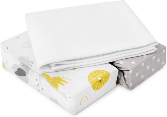 FlyIdeas Next to Me Crib Fitted Sheets 3 Pcs Set 83x50cm | 2 Fitted Sheets & 1 Waterproof Mattress Protector | Unisex Baby Animals Cute Patterns | Organic Pure Cotton 160 GSM Cert. Oeko-TEX