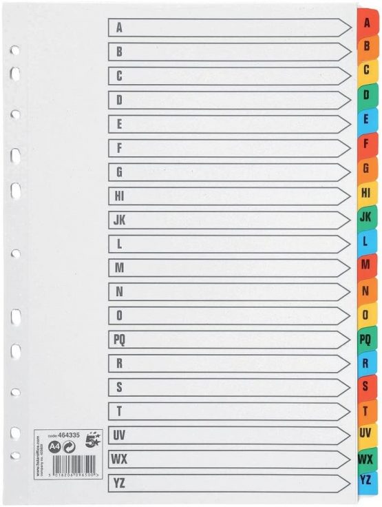 5 Star Office Index 150gsm Card with Coloured Mylar Tabs A-Z A4 White