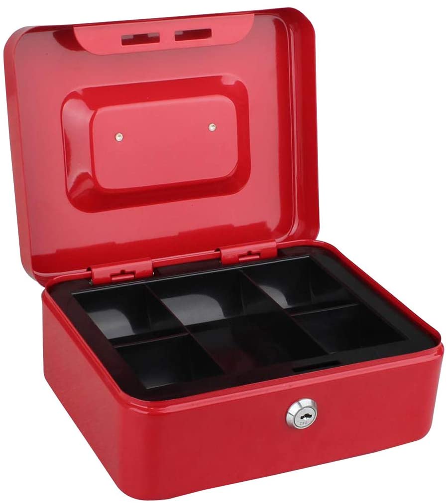 Tech Traders TTCB 8-Inch Metal Cash Box with Money Tray- 2 Keys, Red, Size 8" x 6" x 3.5" - Image 3