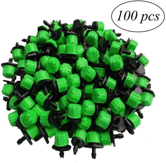 Kalolary 100Pcs 1/4Inch Adjustable Micro Drip Irrigation System Watering Sprinklers Anti-Clogging Emitter Dripper Green Garden Supplies
