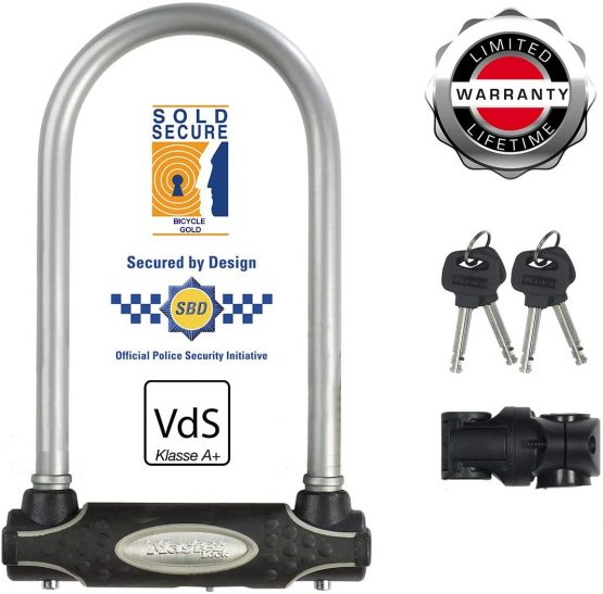 Master Lock Heavy Duty Bike D Lock [Key] [Universal Mounting Bracket] [Certified Bike Lock] [Police Approved] [Silver] 8195EURDPROCOLS - Ideal for Bike, Electric Bike, Mountain Bike, Road Bike, Foldin