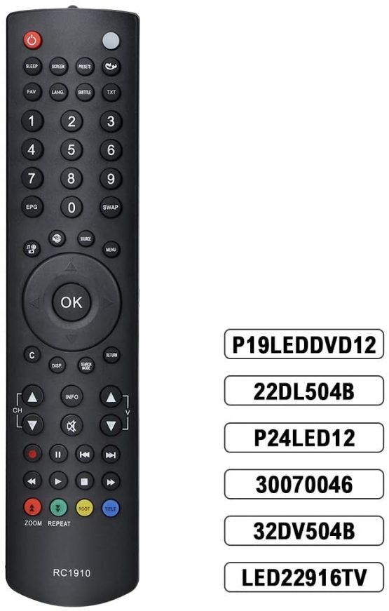 Alkia RC-1910 Remote Control Replacement for Toshiba Sharp LCD LED Plasma TV - Compatible for 30070046 22DL504B 22L1333B 22L1337DB 24D1333B 24W1337DB P19LEDDVD12 P24LED12 LED22916TV