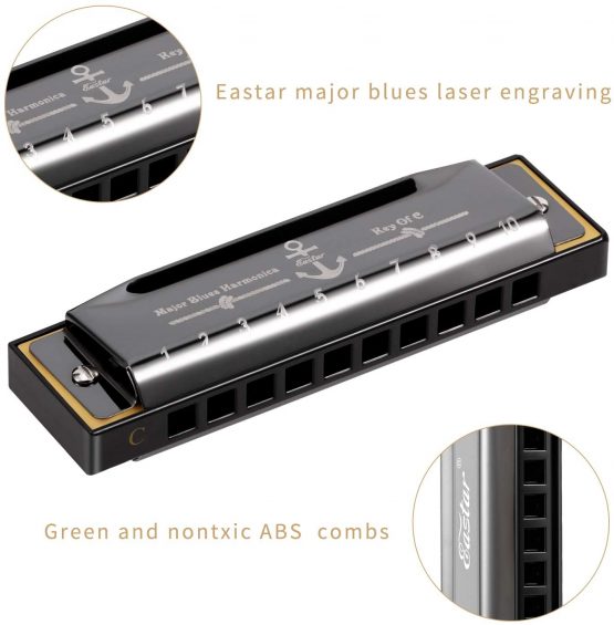 Eastar Major Blues Diatonic Harmonica 10 Holes C Key Beginners Harmonica for Kids Students Adults with Hard Case and Cleaning Cloth, Black - Image 3