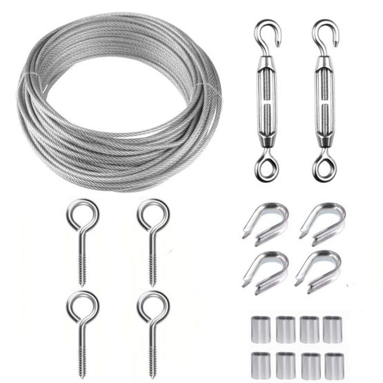 TooTaci Garden Wire For Climbing Plants/Picture Wire/Wire Fence Roll Kit Include 15m/50ft PVC Coated Heavy Duty 304 Stainless Steel Wire Cable Rope, Turnbuckle Wire Tensioner,Lag Screw Eye Screw,