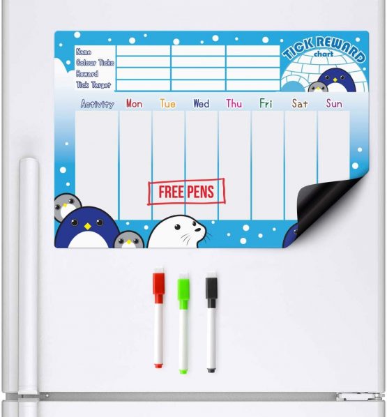 CKB LTD® Magnetic REWARD CHART Penguin and Friends FRIDGE BOARD 7 Day Colourful Tick List For Refrigerators With 3 Markers Pens Activity Chore A3 Behaviour Charts Teaching Children Good Practices