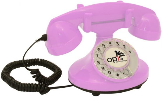 OPIS FunkyFon cable: Rotary dial disc retro telephone in the sinuous style of the 1920s with modern electronic bell (pink)