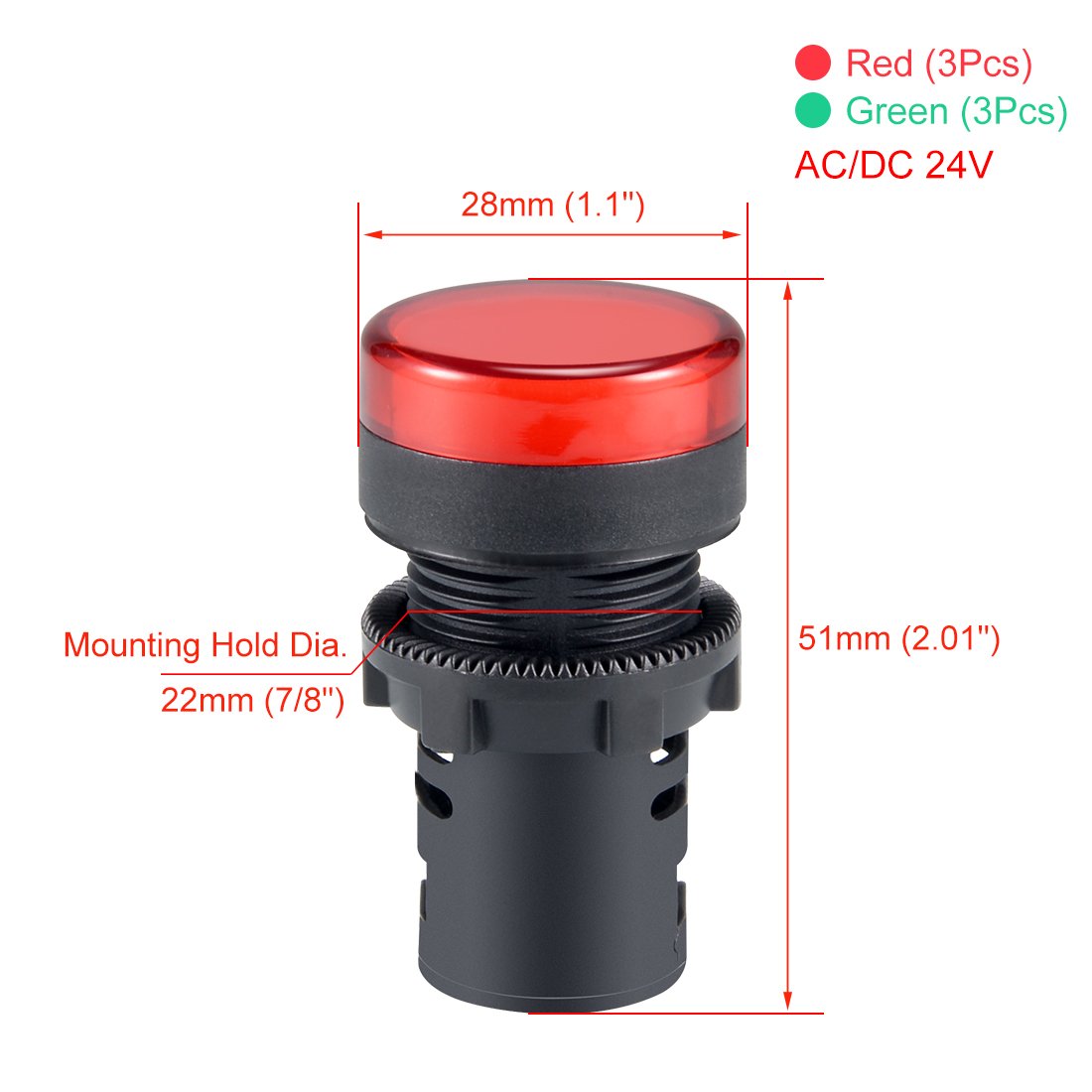 sourcing map 6Pcs Red Green Indicator Light AC/DC 24V, 22mm Panel Mount, for Electrical Control Panel HVAC, DIY Projects - Image 2