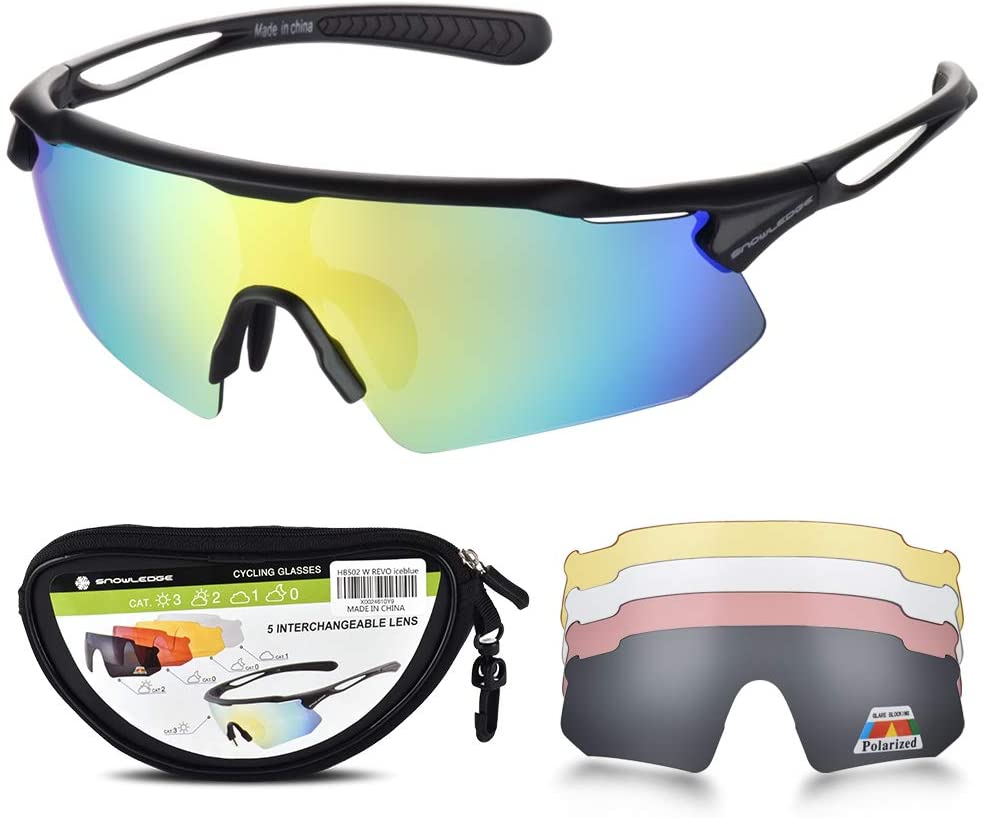 Snowledge Cycling Glasses with 5 Interchangeable Lens UV 400 Protection Polarised Sports Sunglasses for Men Women Running Climbing Fishing Driving Golfing
