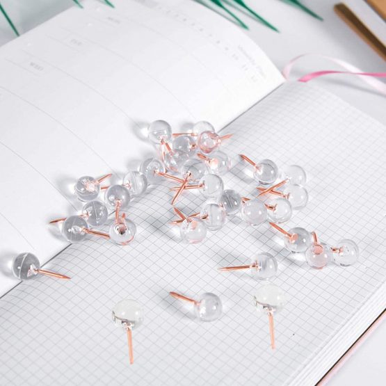 Fodlon Push Pins, 100pcs Drawing Pins Clear Map Pins for Notice Board Thumb Tacks Cork Board Pins Push Pins for Cork Board World Map Pin Board Pin Board for Bedrooms Cork Notice Board, Rose Gold - Image 4
