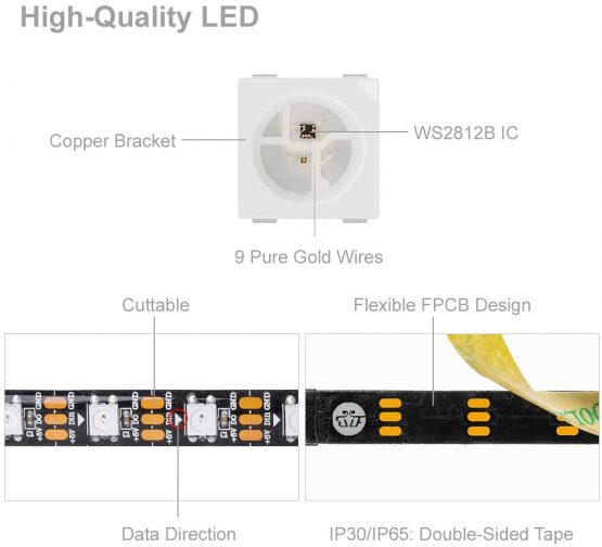 BTF-LIGHTING WS2812b 60leds/Pixels/m Waterproof IP65 Black PCB Flexible Individually Addressable Strip Light Dream Color DC5V 16.4ft 5m - Image 3