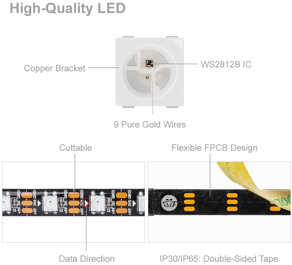 BTF-LIGHTING WS2812b 60leds/Pixels/m Waterproof IP65 Black PCB Flexible ...