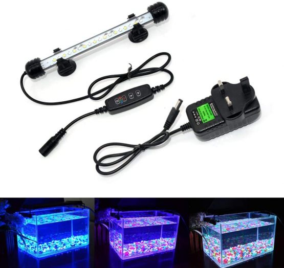 VARMHUS LED Aquarium Lighting, Aquarium Lamp White and Blue Color Changing Submersible Fish Tank Light with Small Simple Aquarium Timer for Sunrise and Sunset (18cm, Blue+White)