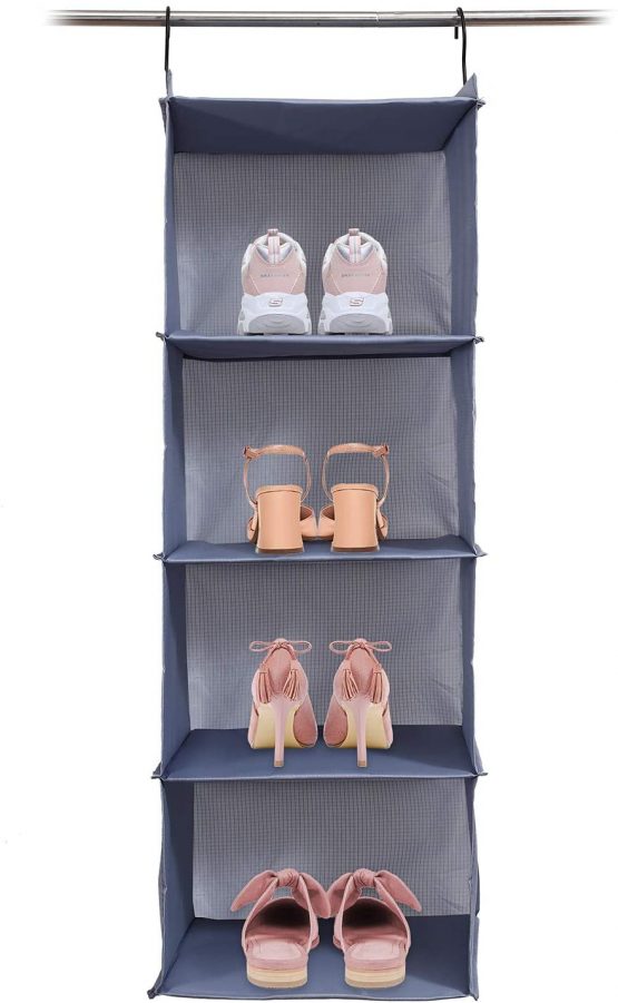 BrilliantJo Hanging Wardrobe Organizer for Clothes Sweaters 4-shelf Hanging Closet Storage Shelves Washable (31.5 * 12 * 12 inch, Blue-grey) - Image 3