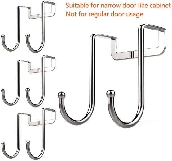 poeland 1kuan Over Cabinet Drawer Double Hooks 304 Stainless Steel Multiple Use Narrow Door Hook for Kitchen, Bathroom, Drawer, Cabinet Door to Hang Bags, Towels, Coat More Pack of 4