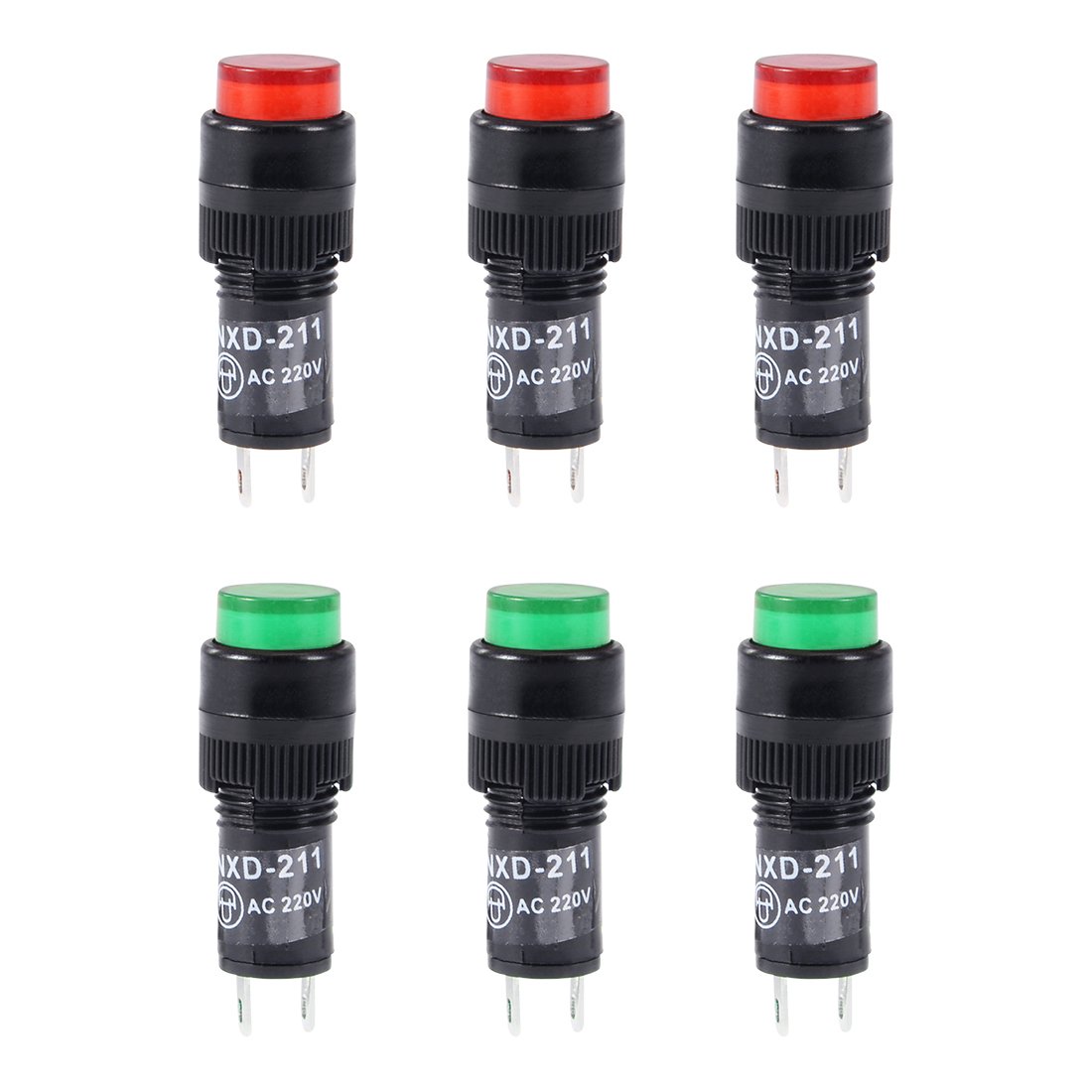 sourcing map Indicator Lights AC 220V, NXD-211 Red+Green Neon Bulb, Flush Panel Mount 2/5" 10mm, 6Pcs, Green + Red, AC 220V 6Pcs