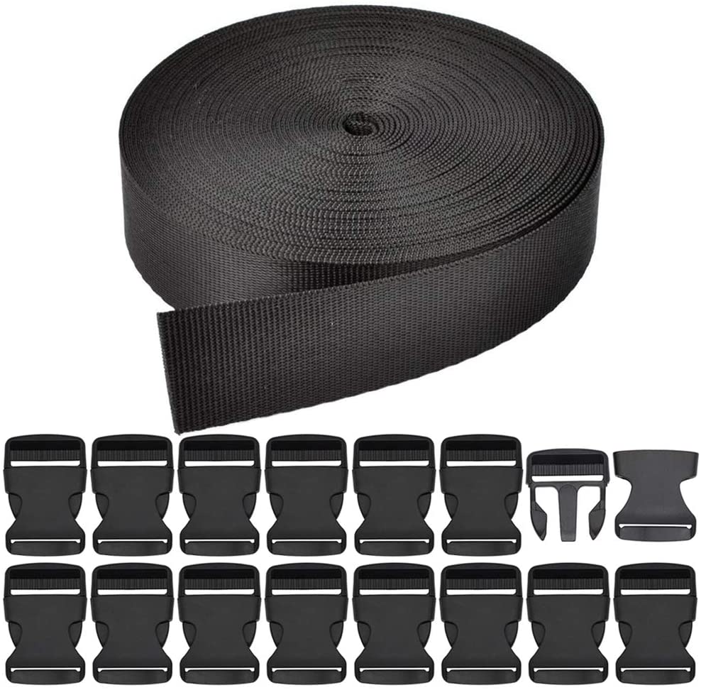 RETON 38mm Wide 10 Yards Black Nylon Webbing Strap + 15 PCS Adjustable Buckles Plastic Side Release Buckles for Repairing Backpack Pet Collar Making DIY Luggage Strap and Outdoor Supplies
