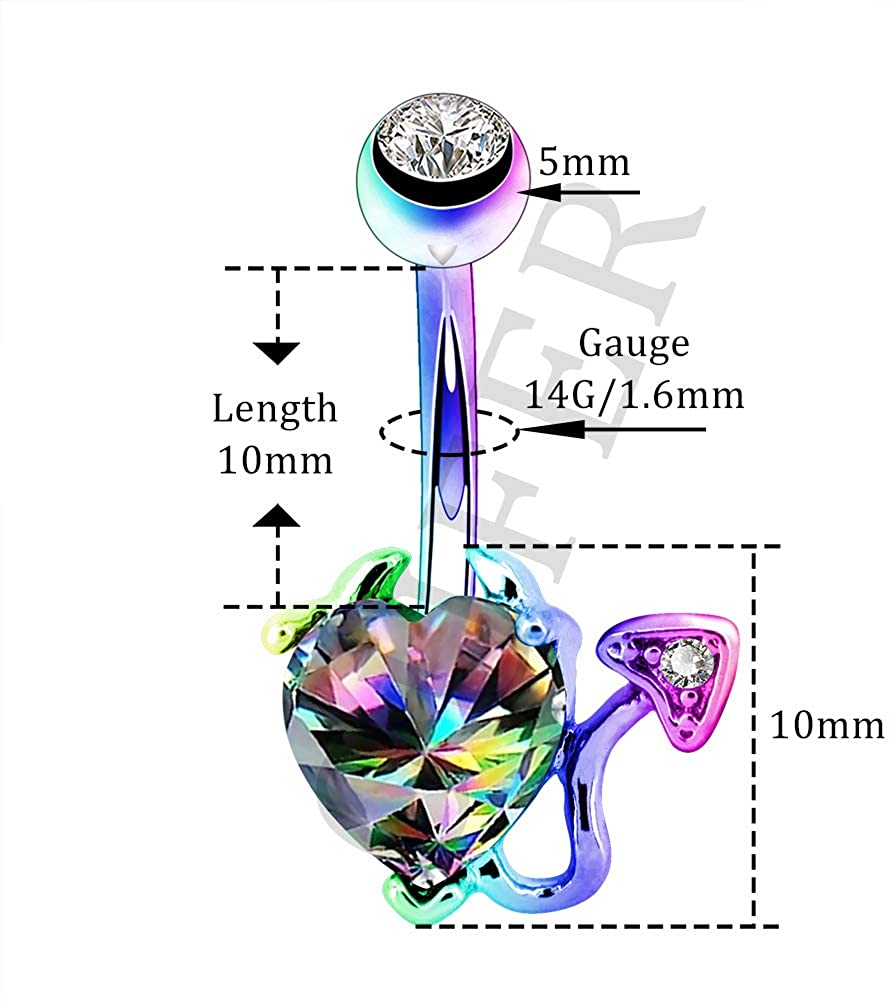 OUFER 14G Stainless Steel Navel Rings Devil Heart Belly Button Rings Iridescent CZ Body Piercing Colorful - Image 2