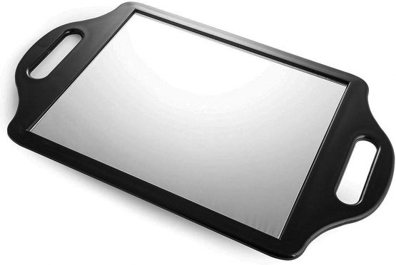 TRIXES Hairdressers Mirror - Salon Handheld Mirror – with 2 Handles Wide Angle –for Hairdressing and Beauty - Large Size 36.5 x 21.7cm – for Professional Barbers and Hairdressers - Black - Image 2
