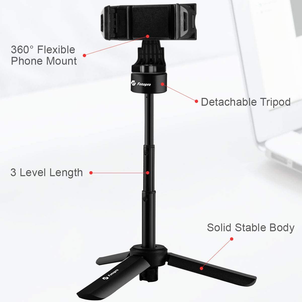 Fotopro Phone Tripod, 360 Rotation Extendable Tabletop Tripod, Travel Vlog with Cold Shoe Mount, Selfie Stick for iPhone Camera Webcam - Image 2