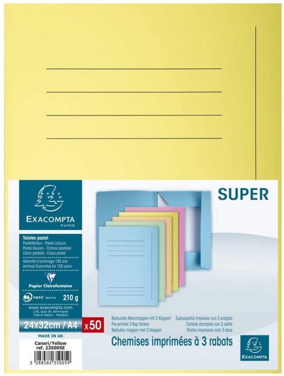 Exacompta - Ref. 235005E - Super 210 Printed 3 Flap Folders, 210 gsm, A4 - Canary Yellow, Pack of 50 - Image 3