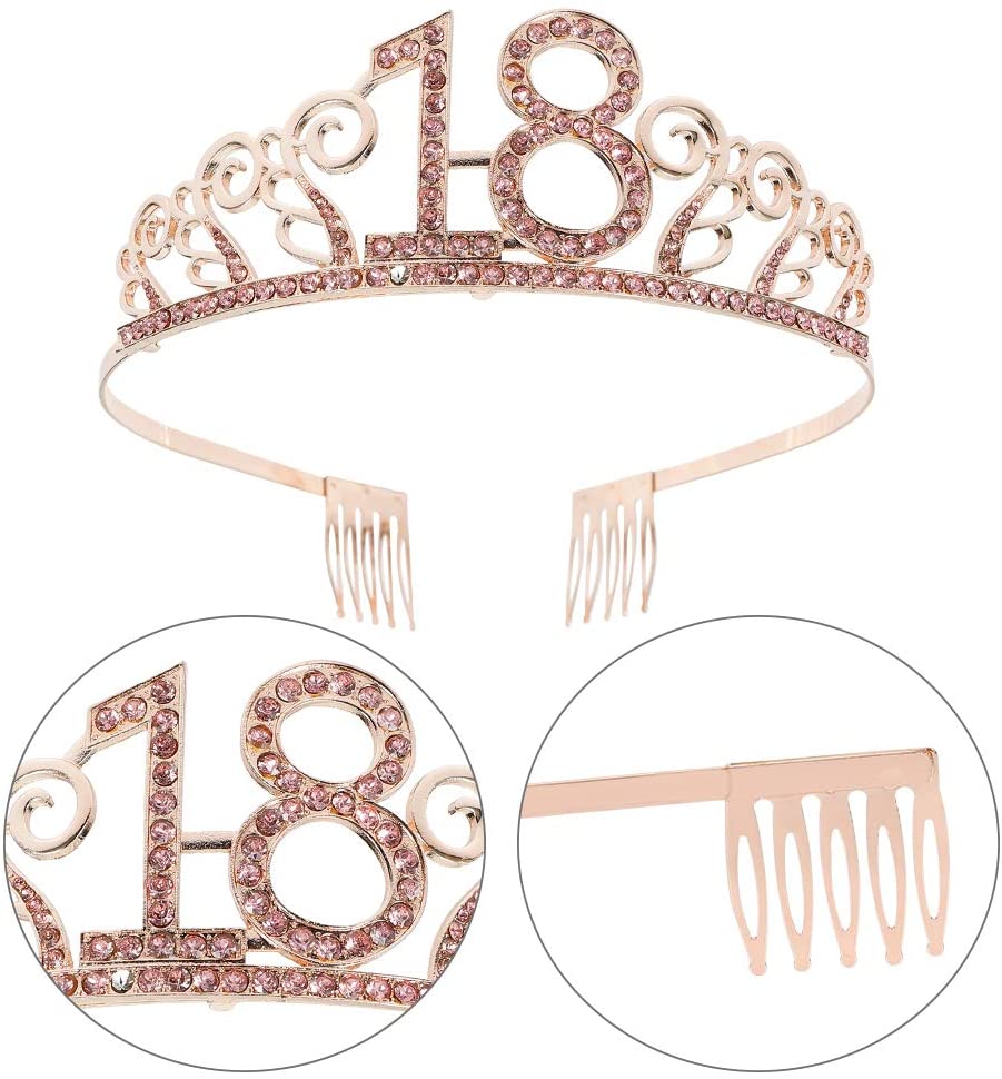 You&Lemon Rose Gold Happy 18th Birthday Sash and 18 Birthday Tiara Rhinestone Crown Headband for 18 Birthday Gift Party Accessories 18th Birthday Decoration Girls Women - Image 2