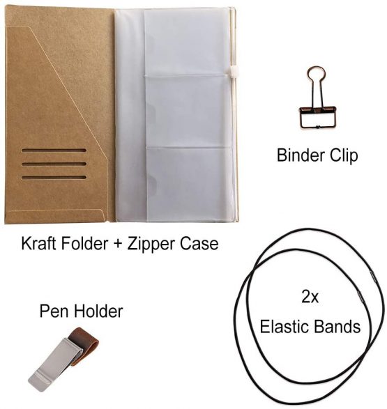 Standard Size Travelers Notebook Accessories Kit - Kraft File Folder, Zipper Case, Pen Holder, Binder Clip and 2 Elastic Bands - Image 2