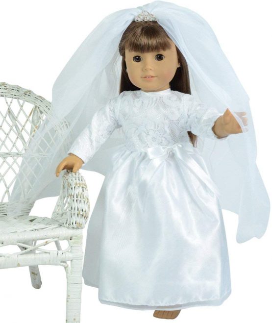 The New York Doll Collection Bridal Gown with Bow, Lace Top, Sleeves and Veil with Tiara For Fashion Girl Dolls - Doll Wedding Outfit - Fits 18 Inch / 46cm Dolls - Doll Clothing - Doll Accessories
