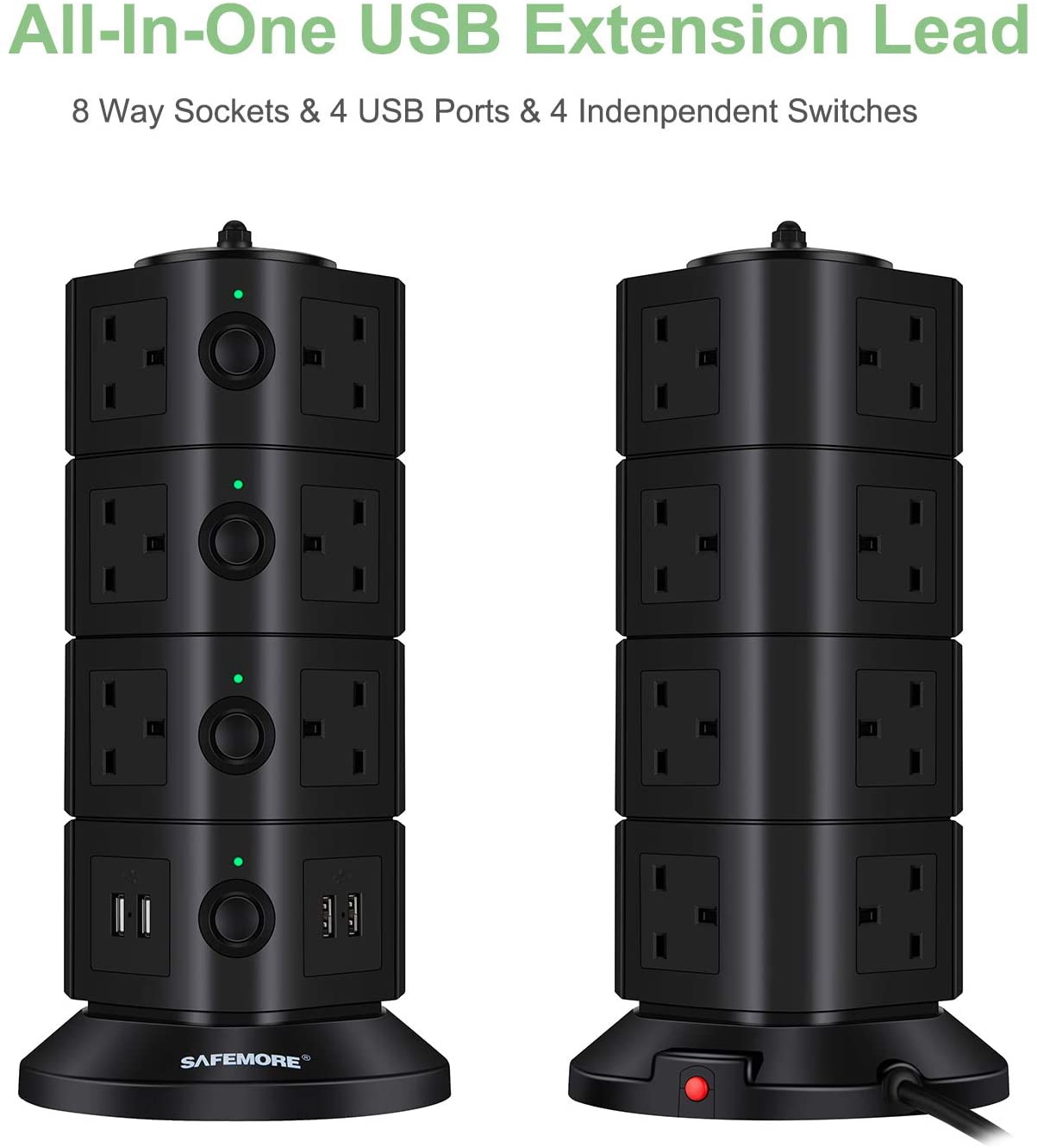 SAFEMORE Tower Extension Lead 14 Socket and 4 USB Plug Vertical Power