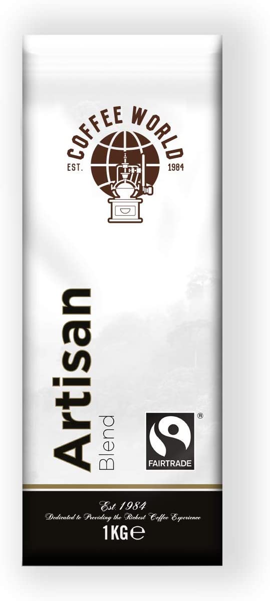 Coffee World, Fairtrade Artisan Blend, Roasted in Cambridge, Whole Coffee Beans, Retail Bag (1kg), 1 kg (Pack of 1)