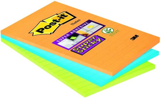 Post-it Super Sticky Note Pad, Lined Neon Colours, 101 x 152 mm (Pack of 3 Pads, 45 Sheets Per Pad),46453SSA