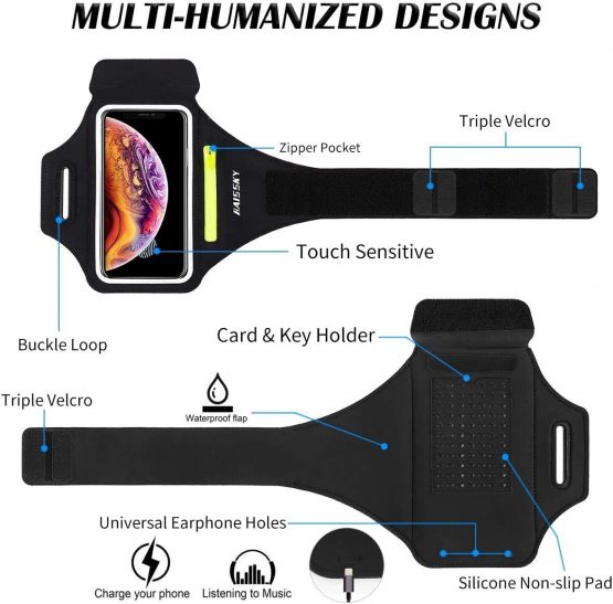 Running Armband with Airpods Zipper Pocket Cell Phone Armband Holder Water Resistant Sports Gym Case Fits iPhone 12 Pro Max/11 /11Pro/XR/XS Max/8,Galaxy S30/S20 with Touchscreen&Car Key Holder 6.7" - Image 3