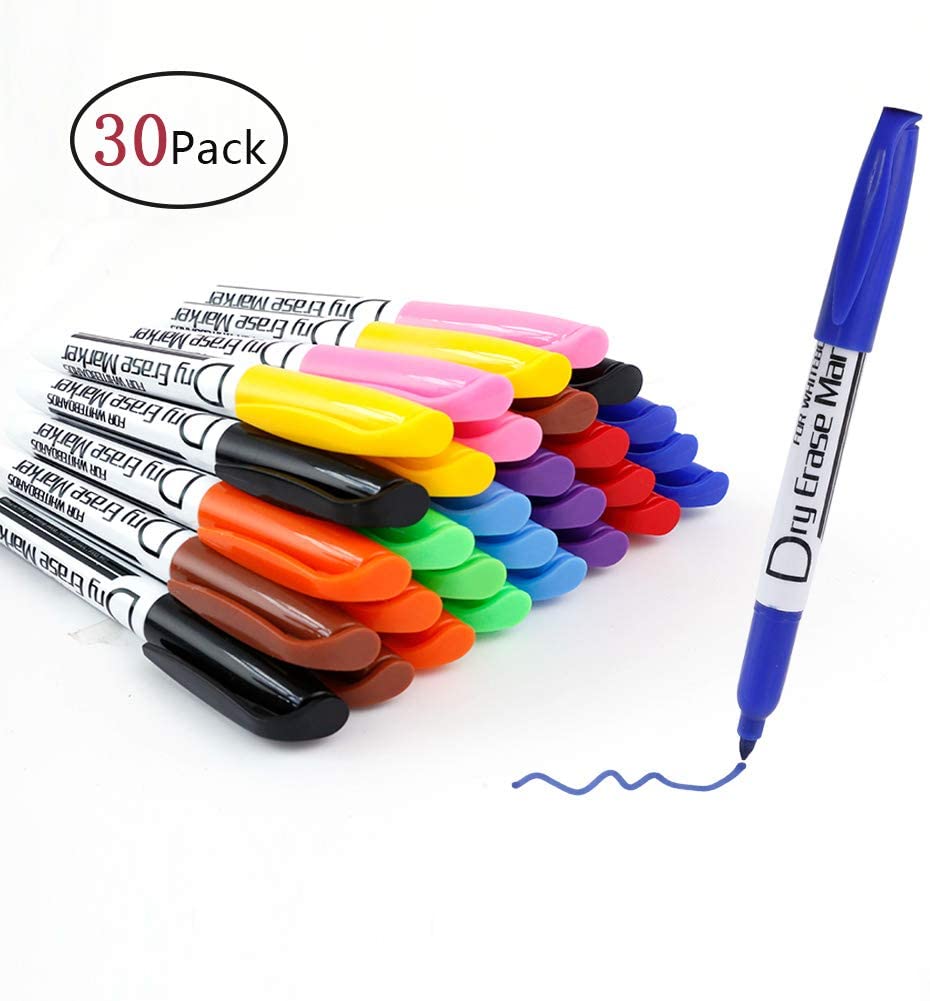 Volcanics Whiteboard Pens Low Odor Fine Whiteboard Markers Dry Wipe Pens Thin Box of 30, 10 Colours, 10 Colors, 1 count (Pack of 30)
