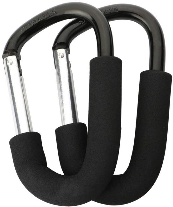 GTIWUNG 2 Pack Strong Pushchair Hook Clip, Large Baby Carriage Hook, Universal fit Mommy Clip D Shape Buggy Hook Baby Stroller Accessories for Hanging Diaper & Shopping Bags, 14x8cm, Black