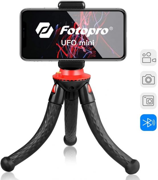Fotopro Phone Tripod, Flexible Mini Tripod with Bluetooth Control, Phone Clip and Adapter for Phone, Camera, Sports Camera for Time-Lapse Photography