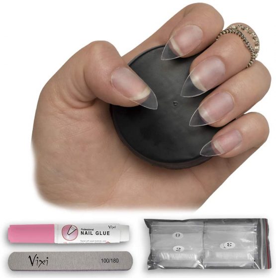 By Vixi 600 Pieces MEDIUM STILETTO NAIL SET with FREE GLUE & PREP FILE, 10 Sizes – Clear Express Full Cover False Fingernail Extensions for Salon Professionals & Home Use
