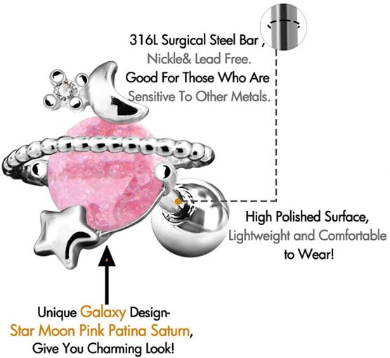 OUFER 16G 316L Surgical Steel Cartilage Earring Studs Star Moon Pink Stone Saturn Planet Tragus Earrings Helix Ear Piercing - Image 2