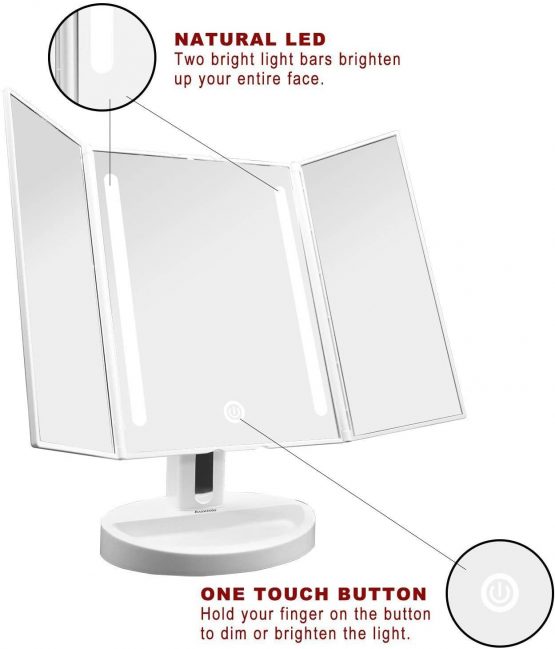 Auxmir Makeup Mirror with Light, Trifold Mirror with 10X Magnifying Spot Mirror, Bathroom Make Up Mirror on Stand with Touch Screen, Dressing Table Mirror for Shaving, Cosmetic, Dual Power Supply - Image 3