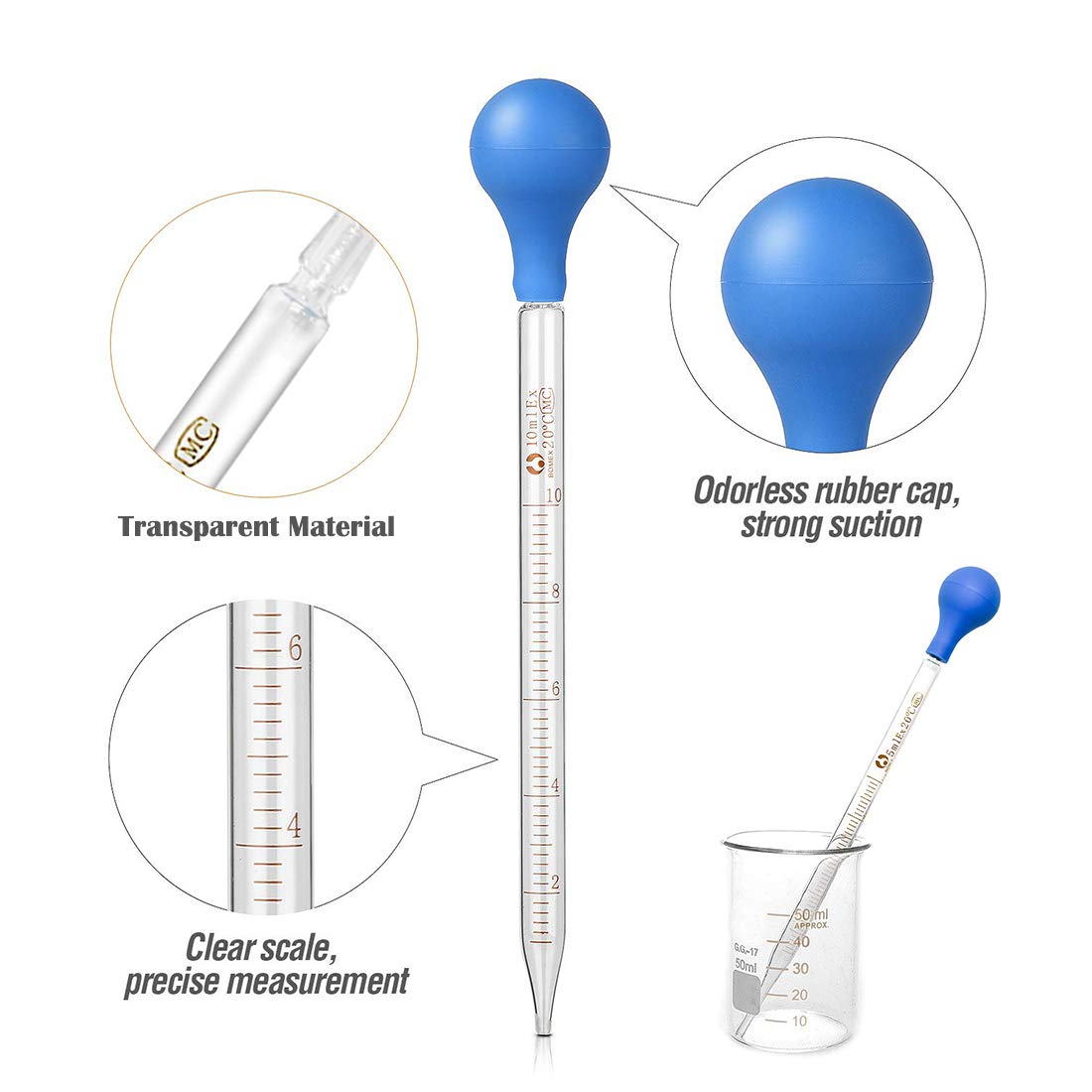 Glass Pipettes, JESSTOLO 6pcs Glass Graduated Dropper Pipette 0.5ml,1ml,2ml,3ml,5ml,10ml with Rubber Cap - Image 4