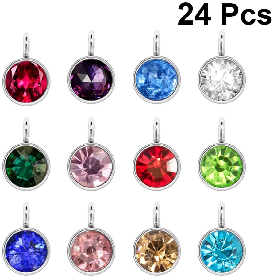 Healifty Birthstone Charms Silver Alloy Round Birthstone Dangle Pendants Beads for DIY Craft Necklace Bracelet Jewelry Making Findings 24pcs (Mixed Colors) - Image 2
